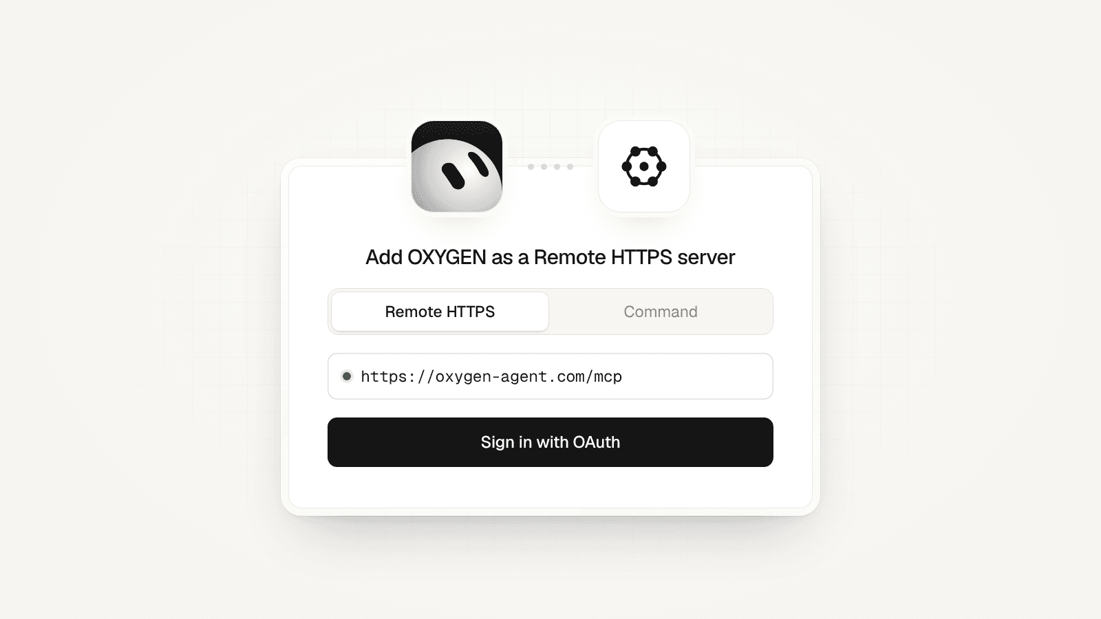 A connect card with the Grok Bot mark linked to the OXYGEN mark: Remote HTTPS, https://heyoxygenagent.com/mcp, and Sign in with OAuth.